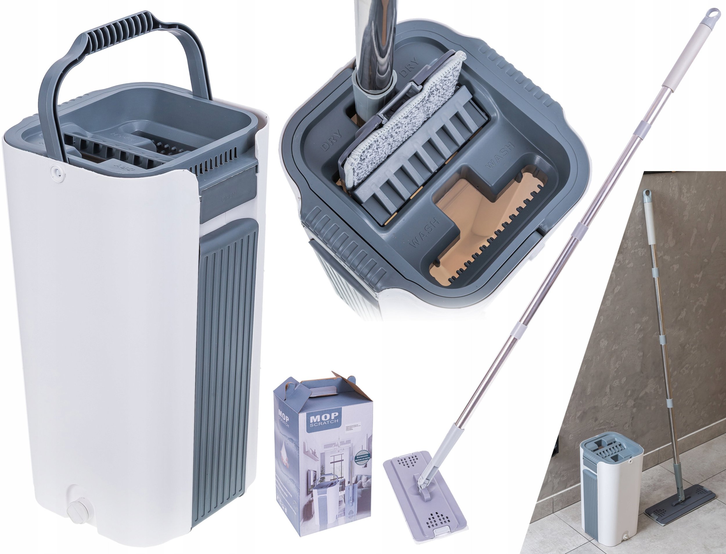 Zestaw Mop Płaski z Wiadrem Dwukomorowym Wyciskacz 2x Mikrofibra