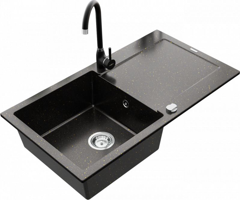Zlewozmywak Mexen Mexen Leo zlewozmywak granitowy 1-komorowy z ociekaczem i baterią kuchenną Telma, czarny/złoty metalik - 6501-75-670200-70