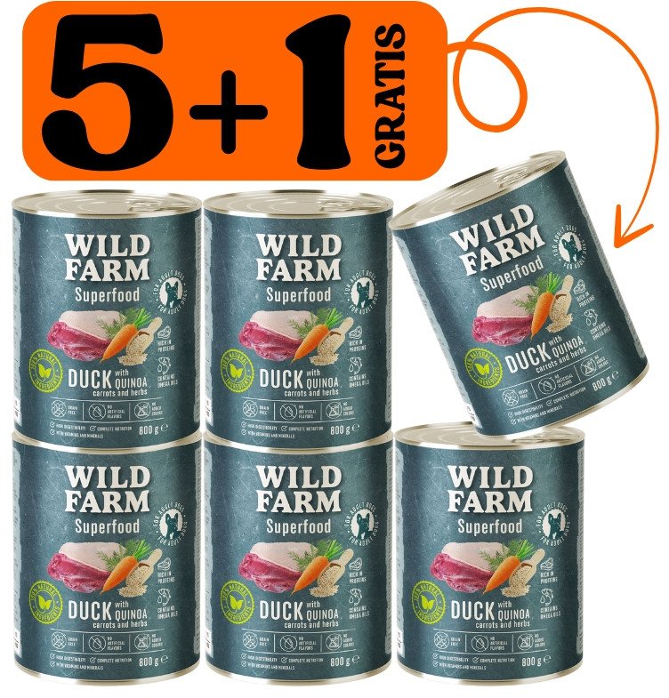 WILD FARM Superfood Duck (Kaczka z komosą ryżową, marchewką i ziołami) 5x800g + 800g GRATIS bezzbożowa karma dla psa