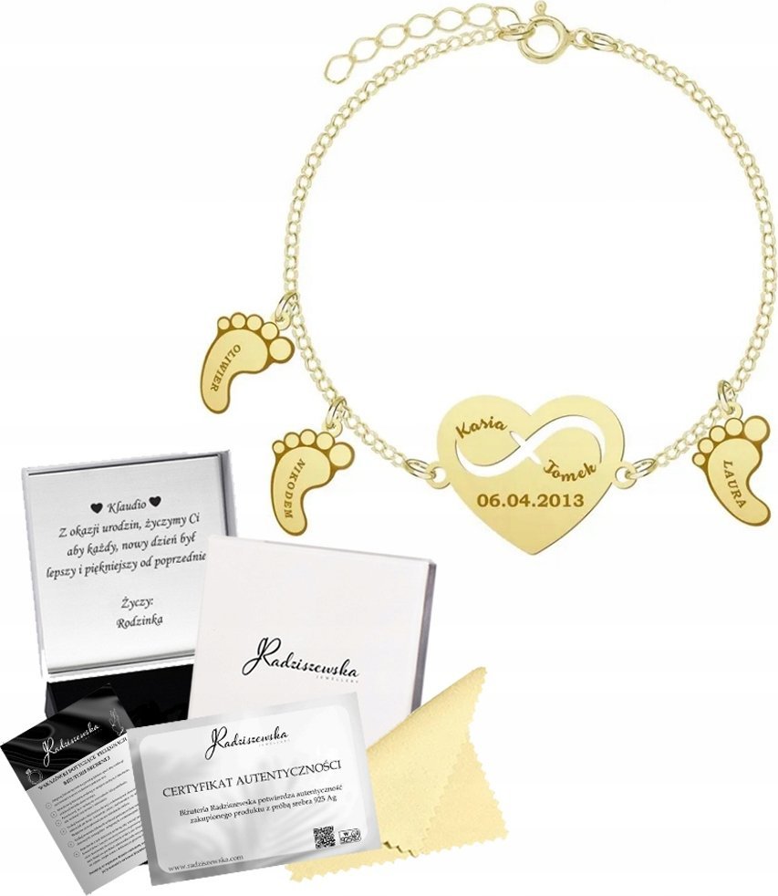 Radziszewska Jewellery Bransoletka Złota Stópki Serce Imię Dziecka SREBRO 925 Prezent GRAWER