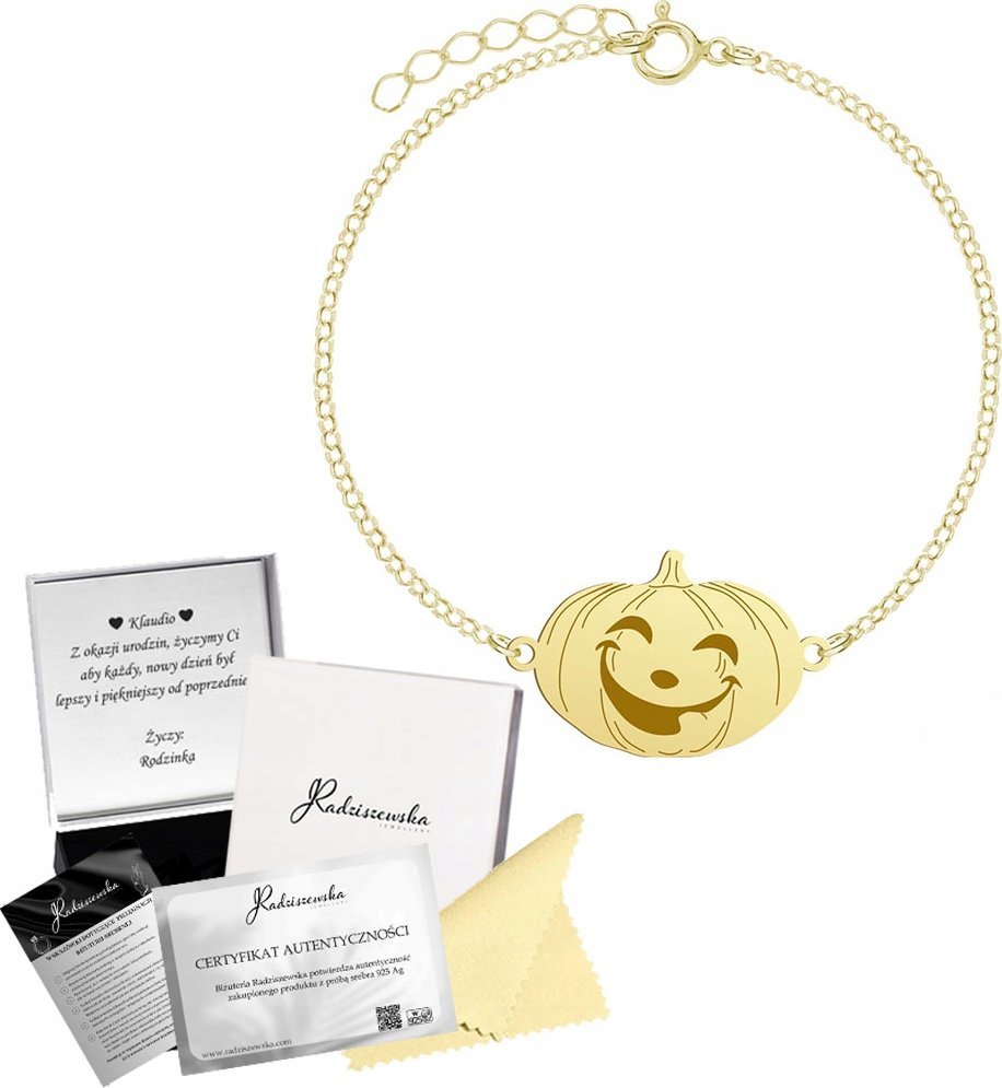 Radziszewska Jewellery Bransoletka Złota z Dynią Halloween 925 Łańcuszek Prezent GRAWER ŻYCZENIA