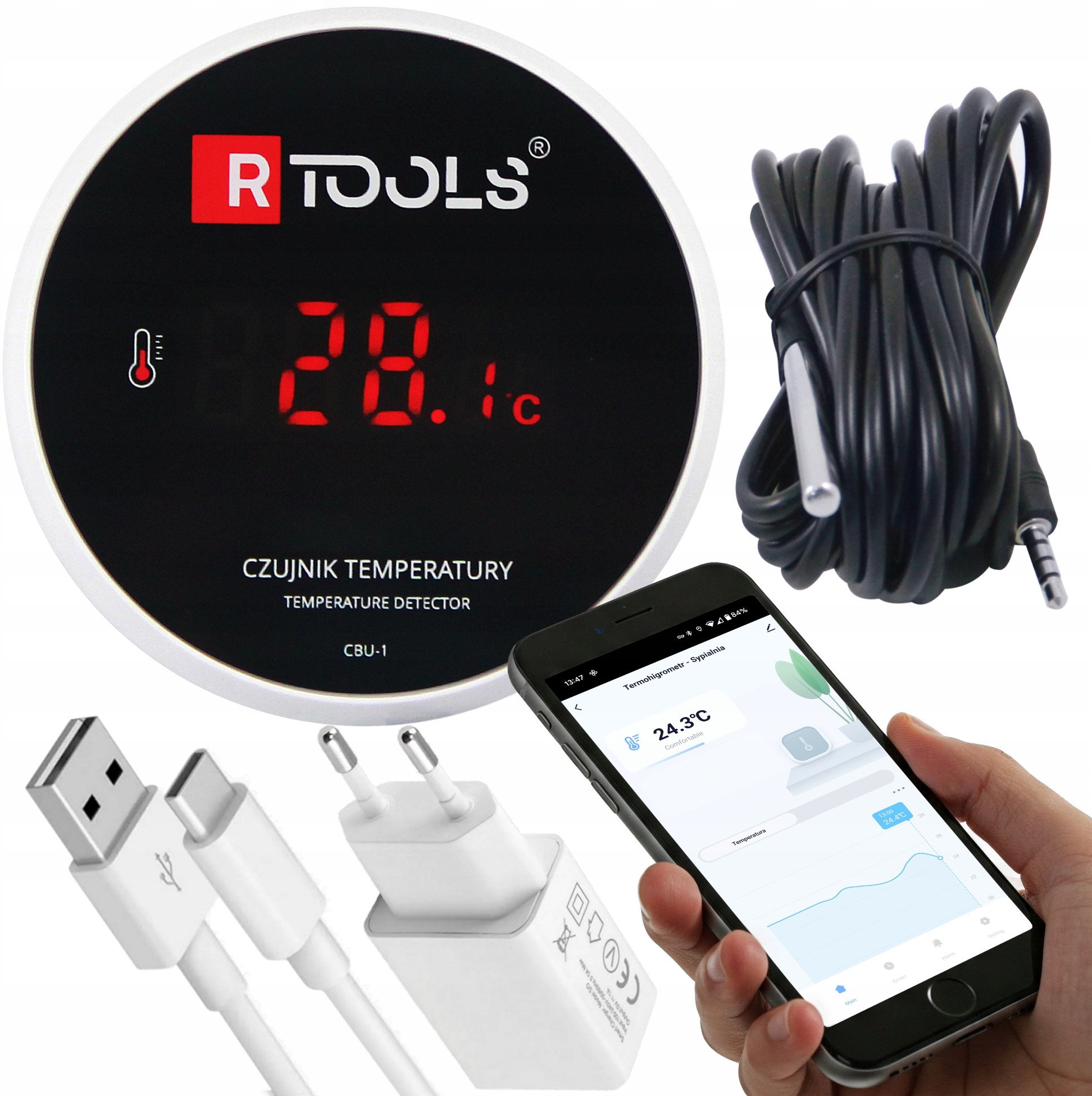 INTELIGENTY TERMOMETR WiFi SONDA 3m App Tuya SmartLife TEMPERATUR -40+120C