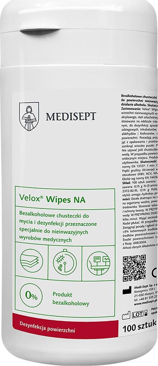 Medisept Velox Wipes NA w puszce 100szt Chusteczki do dezynfekcji powierzchni bez alkoholu