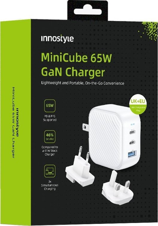 Ładowarka Innostyle INNOSTYLE MINI CUBE MOCNA SZYBKA ŁADOWARKA GAN PODRÓŻNA EU US UK AU 3X USB USB-C 65W BIAŁA