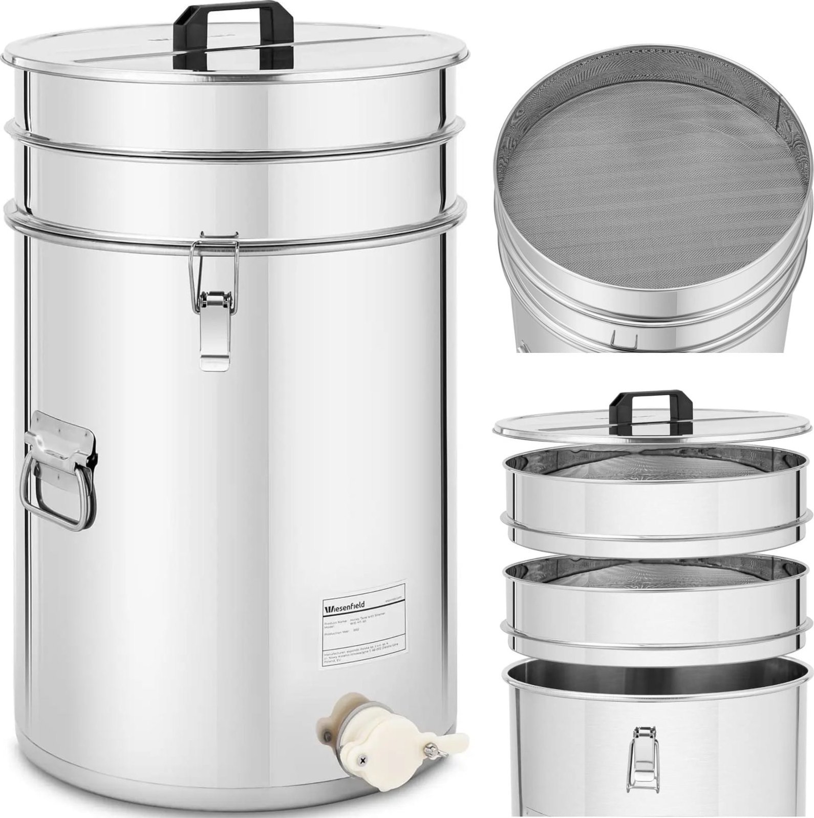 Odstojnik do miodu z sitkiem pokrywką i zaworem STAL 50 l