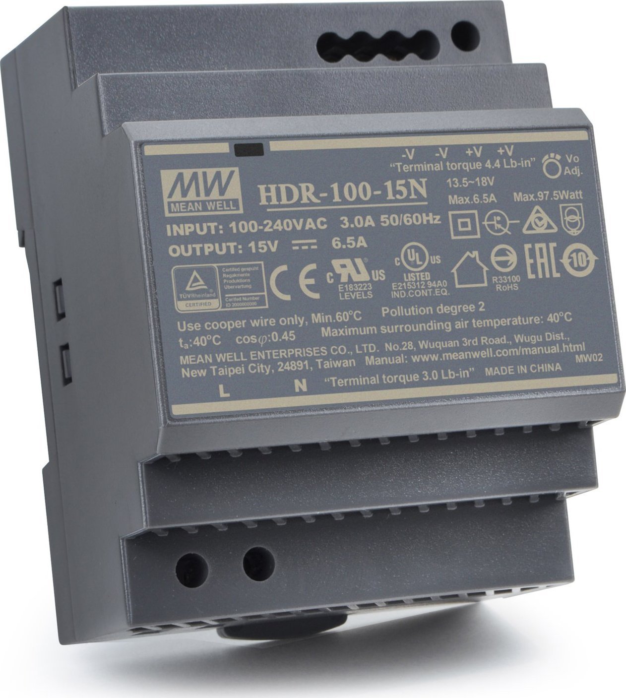 Mean Well Zasilacz 15V na szynę DIN TH35 100W Mean Well HDR