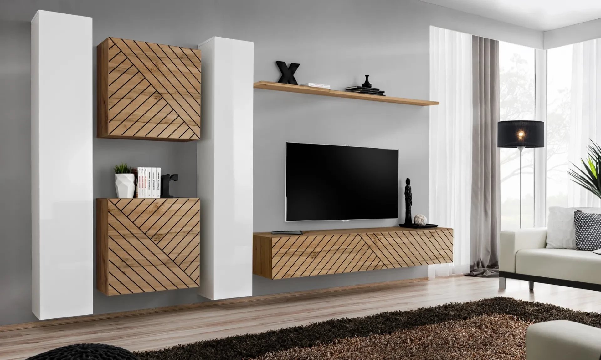 Meblościanka SWITCH LAMEL VI dąb wotan/biała ASM Meble