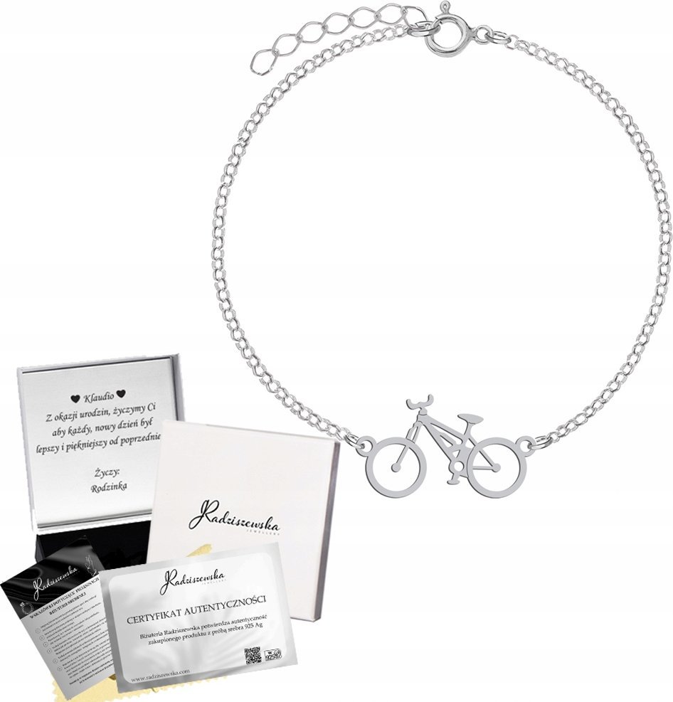 Radziszewska Jewellery Bransoletka Srebrna ROWER Łańcuszek Prezent Biżuteria 925 DEDYKACJA GRATIS