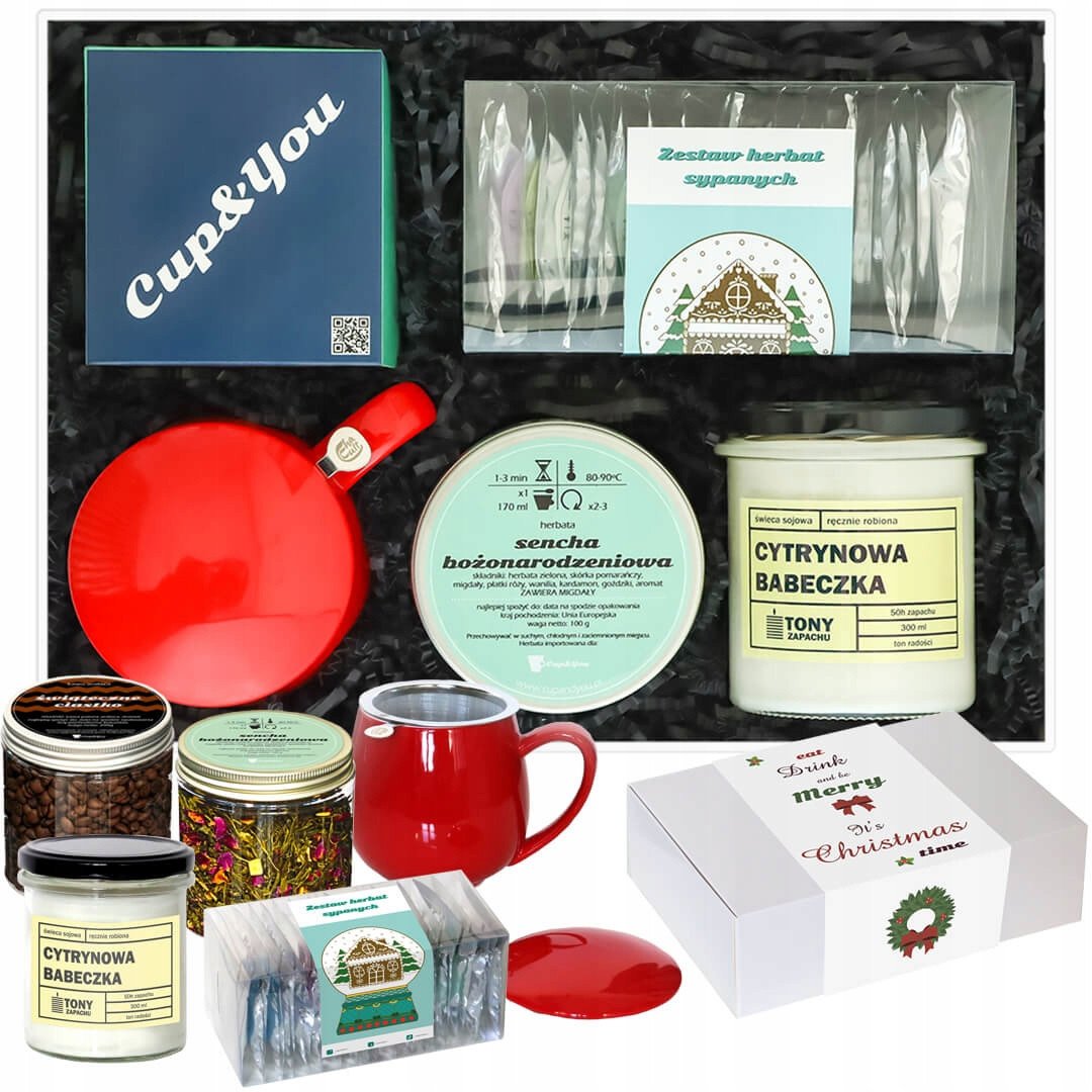MEGA DUŻY ZESTAW PREZENTOWY BOX KOSZ - KUBEK ZAPARZACZ ŚWIECA KAWA HERBATA SYPANA PREZENT UPOMINEK POD CHOINKĘ NA ŚWIĘTA GWIAZDKĘ MIKOŁAJA BOŻE NARODZ