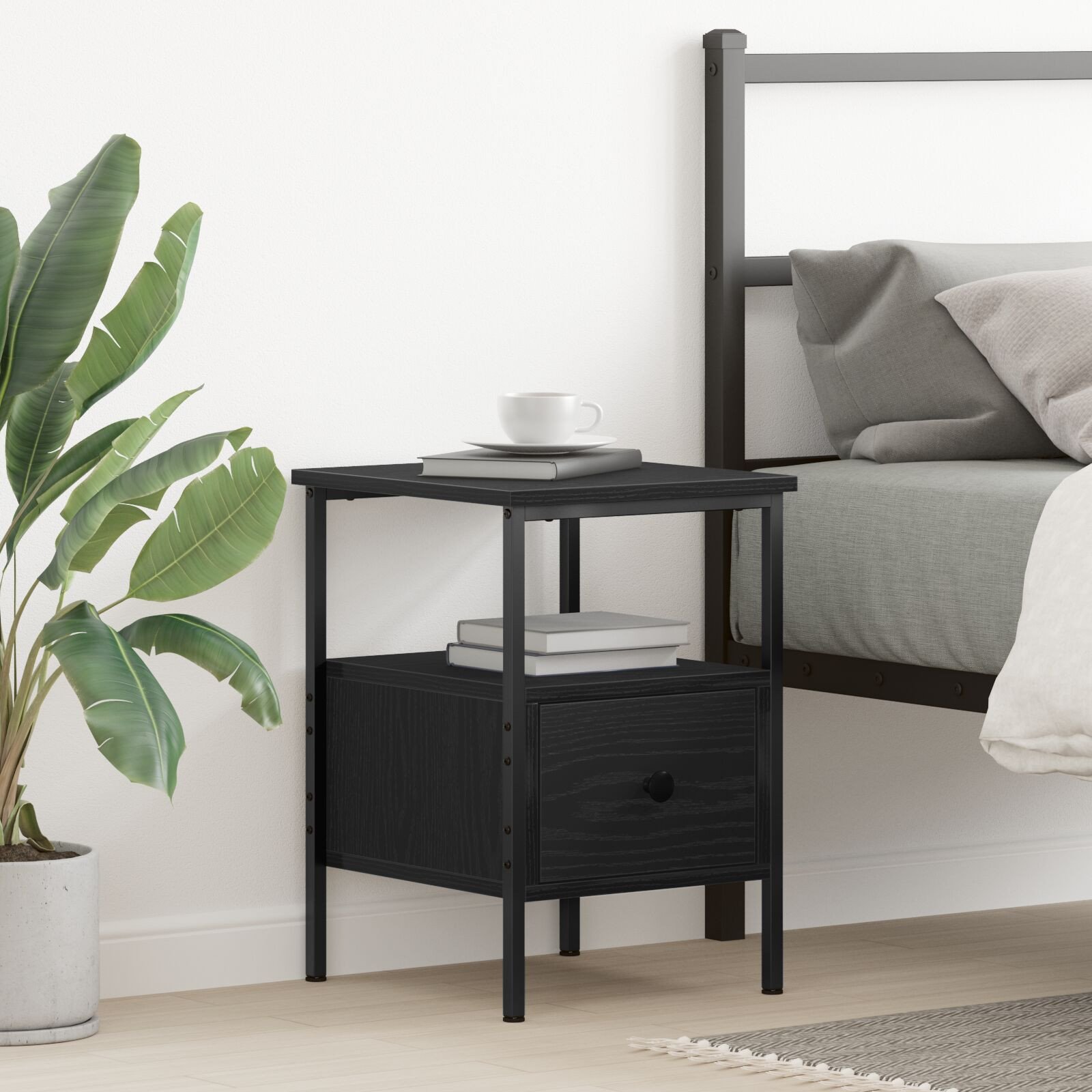 Stolik nocny vidaXL Czarny dąb Drewno inżynieryjne z metalową ramą