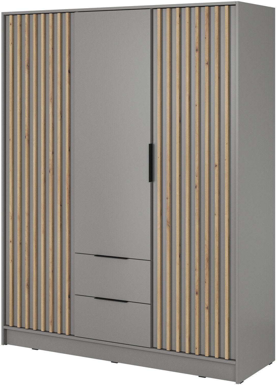 Szafa Stilo w kolorze szarym trzydrzwiowa z szufladami i lamelami na froncie