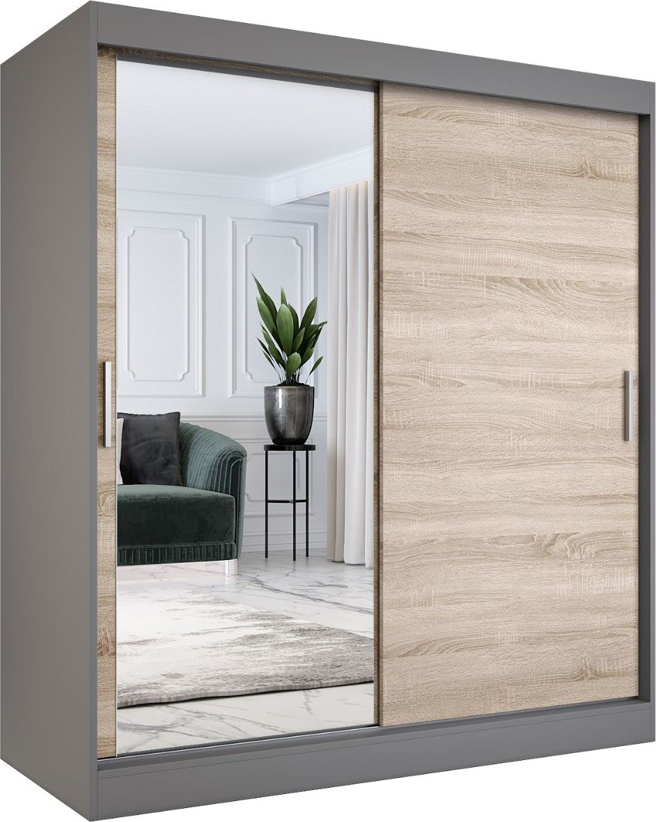 MKPOL Szafa przesuwna MODUO COMFORT 180 antracyt/dąb sonoma z lustrem po lewej