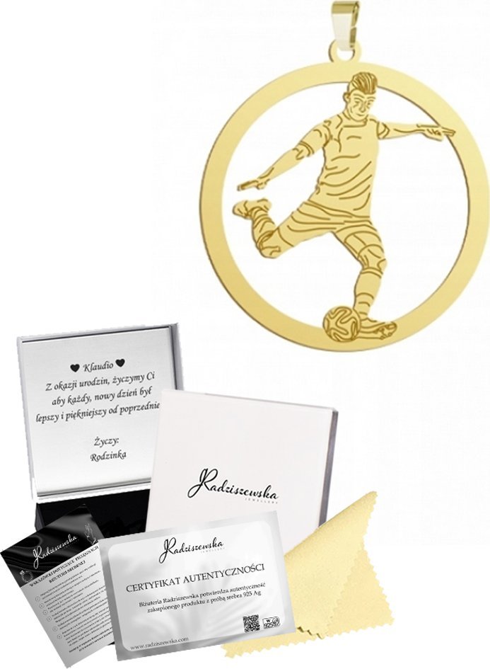 Radziszewska Jewellery Zawieszka Złota Piłkarz Piłka Nożna Srebro 925 Prezent GRAWER GRATIS