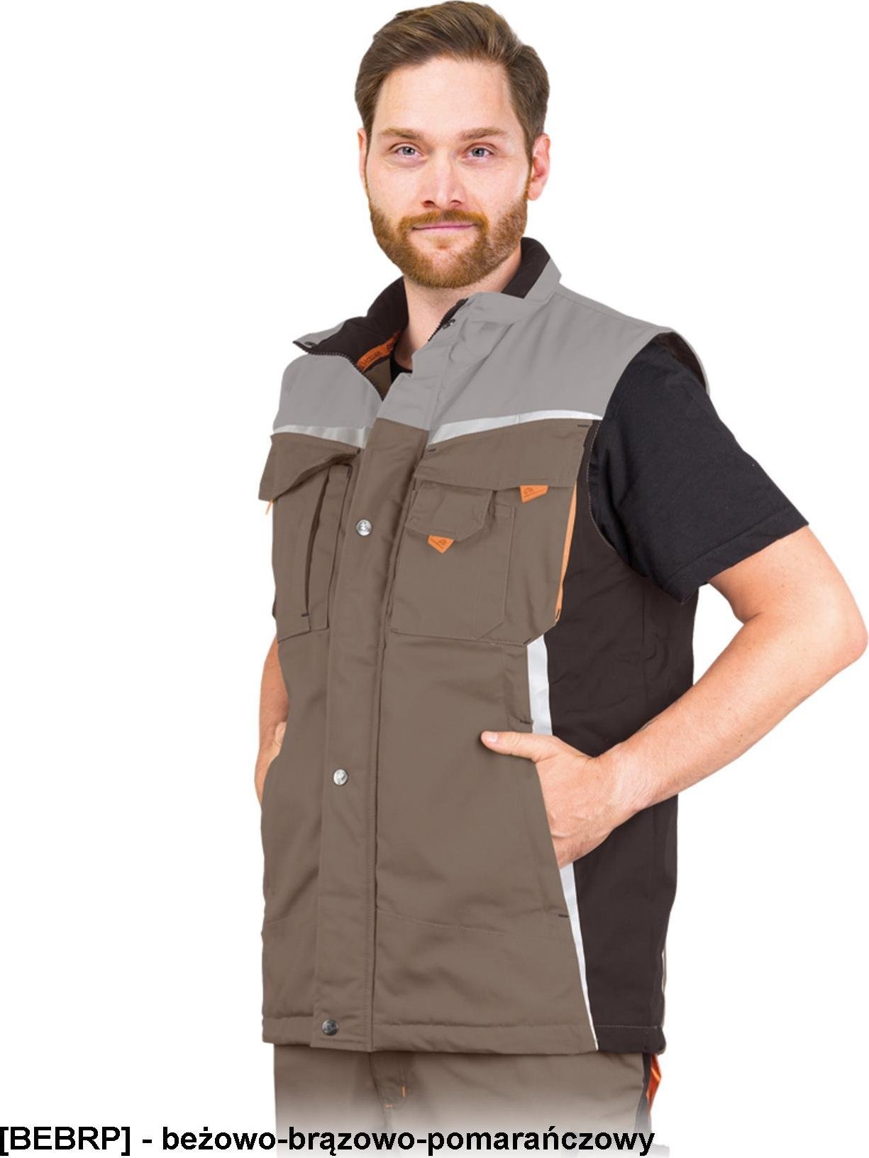 Leber&Hollman LH-NAW-V - Bezrękawnik ochronny ocieplany NEW AGE, materiał canvas, 270 g/m, stójka, odblaski, 6 kieszeni - beżowo-brązowo-pomarańczowy