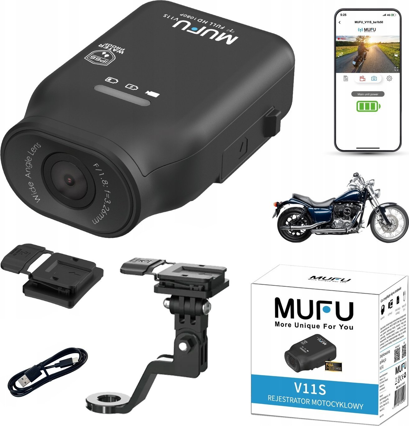 MUFU V11 wideorejestrator samochodowy/motocykl + uchwyt na lusterko boczne