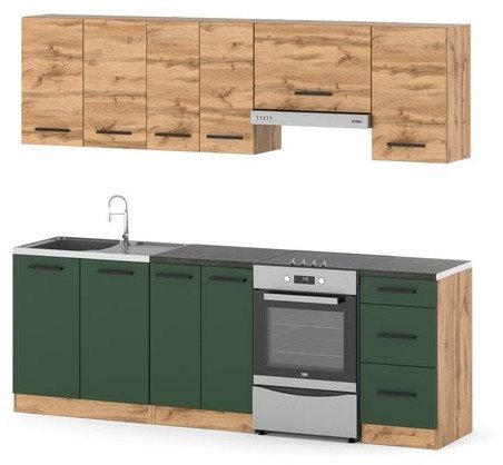 Meble Kuchenne Z Blatem Pojemna 2.4m Modułowy Zestaw Wotan Butelkowa Zieleń
