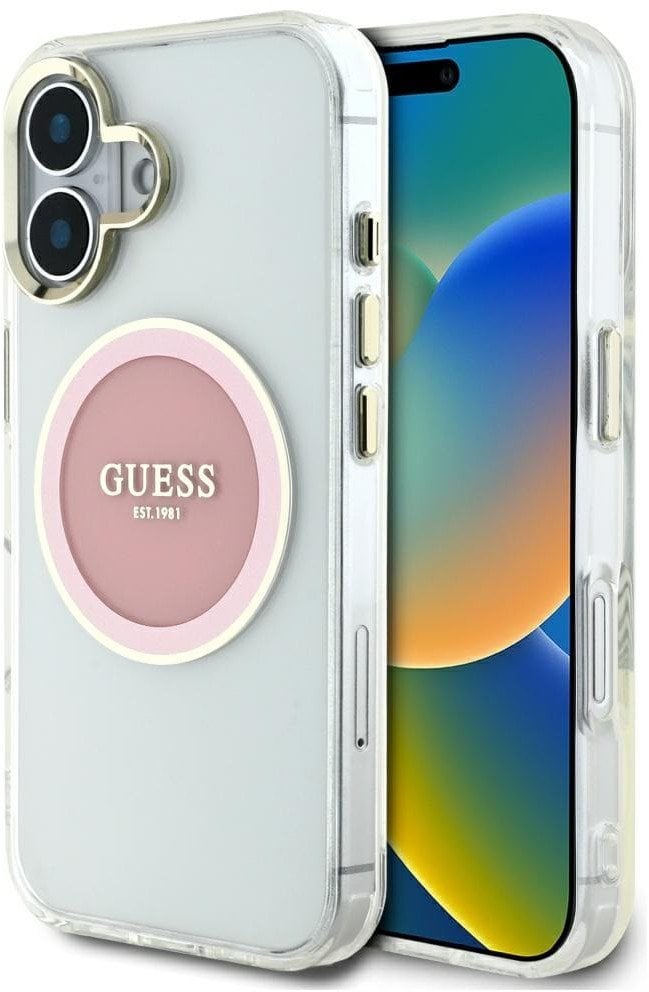 Etui Guess IML Metal Colored Circle Classic Logo MagSafe do iPhone 16 różowy