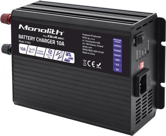 Qoltec Ładowarka inteligentna Qoltec Monolith do akumulatorów LiFePO4 AGM GEL SLA | 10A | 24V