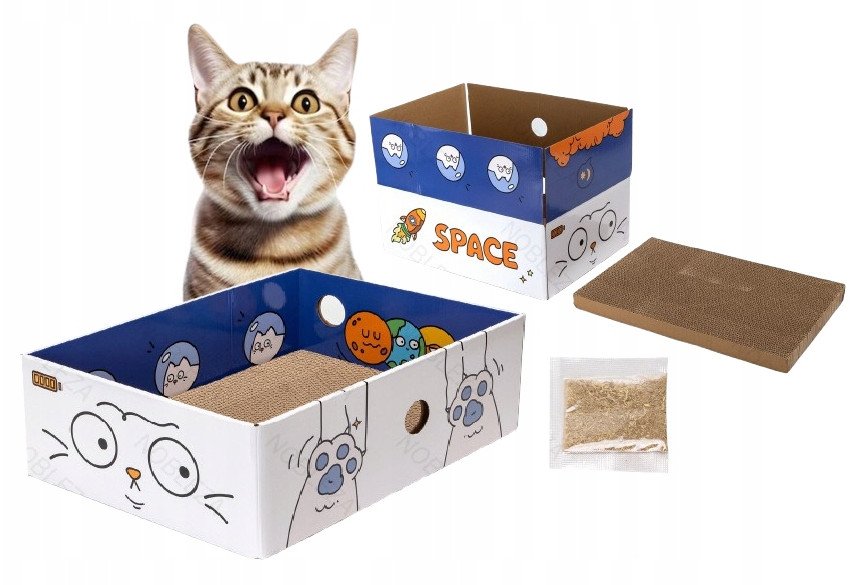 Pudełkowy drapak dla kota 43x30x14,5cm tekturowe pudełko i kryjówka
