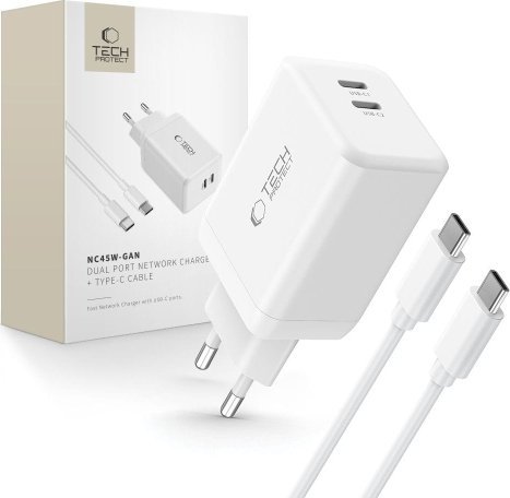 Ładowarka Tech-Protect TECH-PROTECT NC45W-GAN 2-PORT NETWORK CHARGER PD45W + TYPE-C CABLE WHITE