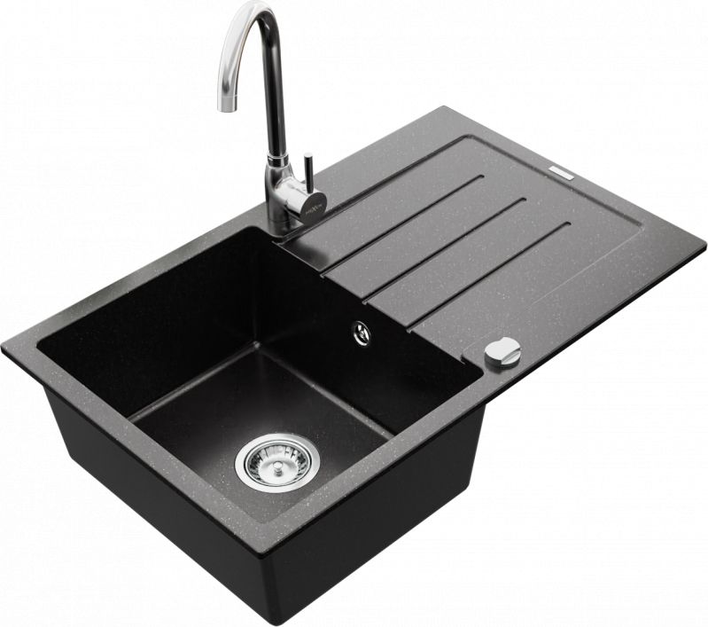 Zlewozmywak Mexen Mexen Bruno zlewozmywak granitowy 1-komorowy z ociekaczem i baterią kuchenną Telma, czarny/srebrny - 6513-73-670200-00
