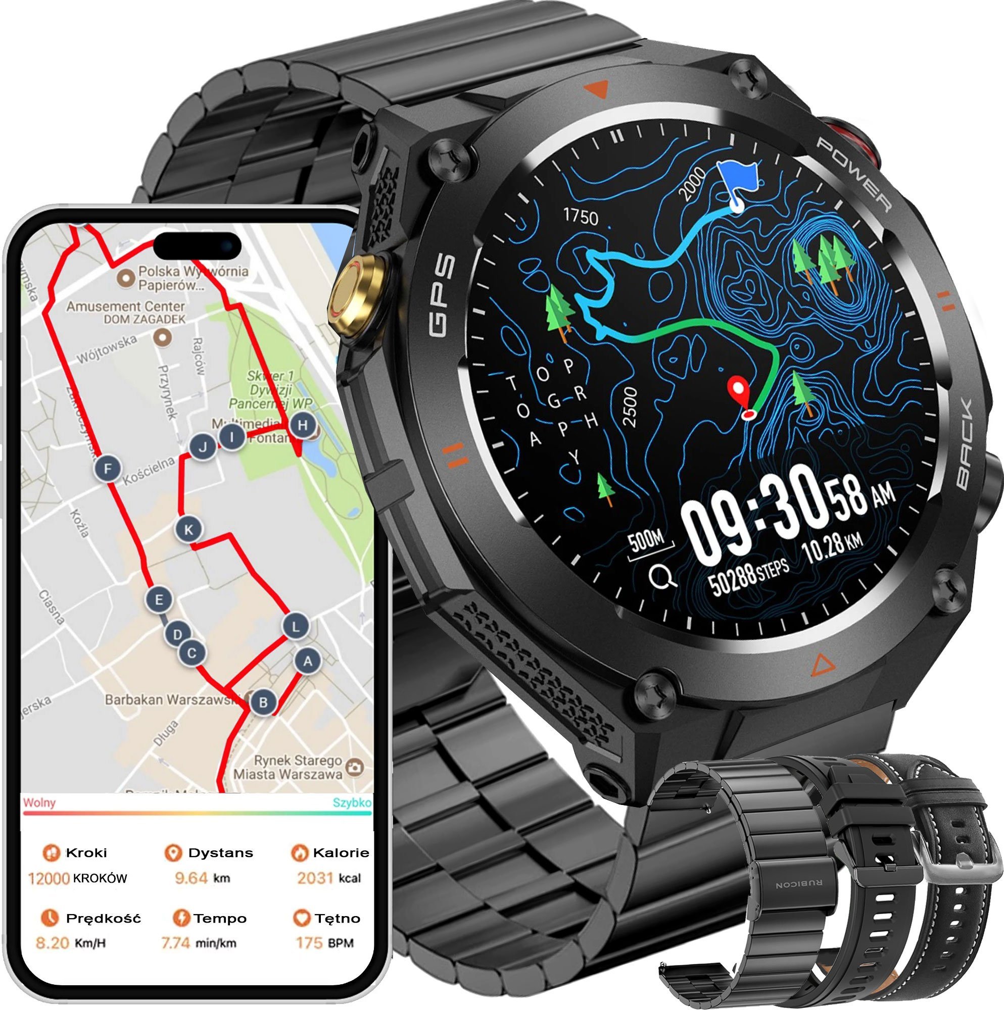 SMARTWATCH z GPS męski zestaw 3 paski