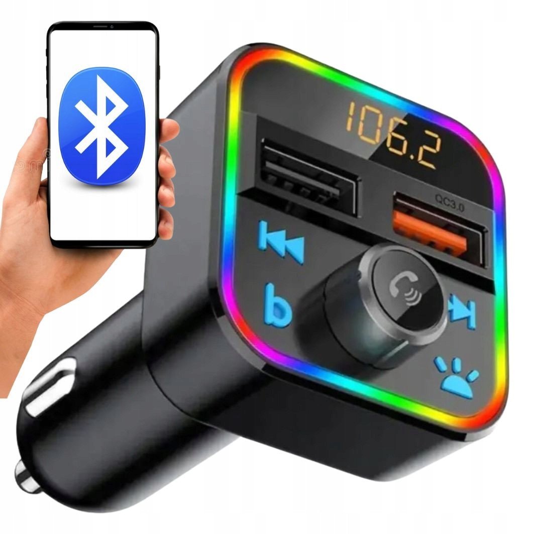 TRANSMITER FM SZYBKA ŁADOWARKA BLUETOOTH AUDIO MP3 BLUETOOTH MICROSD 2X USB RGB