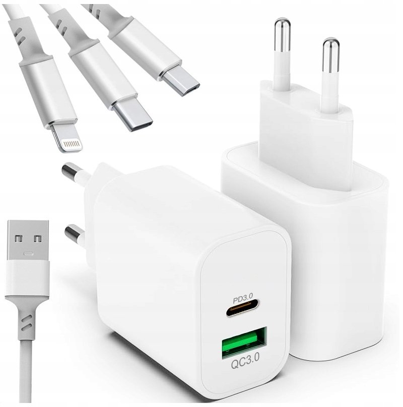 SZYBKA ŁADOWARKA SIECIOWA DO TELEFONU 2xUSB QUICK CHARGE ZESTAW KABEL 3w1