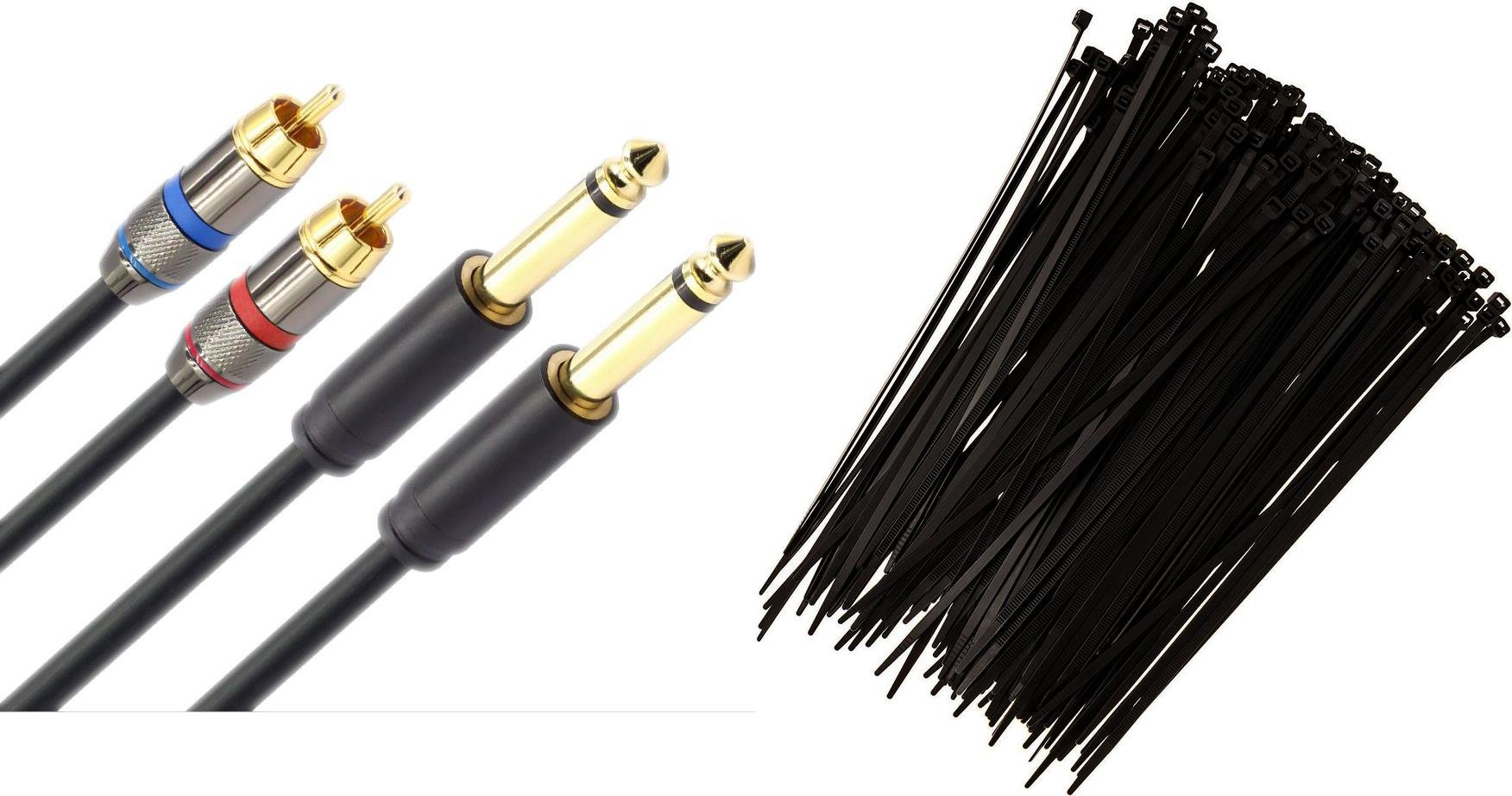 Kabel Mozos Kabel Mozos Jack 6.3mm - RCA (Cinch) x2 3m czarny (MCABLE-2JT2R) + Opaska zaciskowa Czarny 100 sztuk (MCABLE-S)