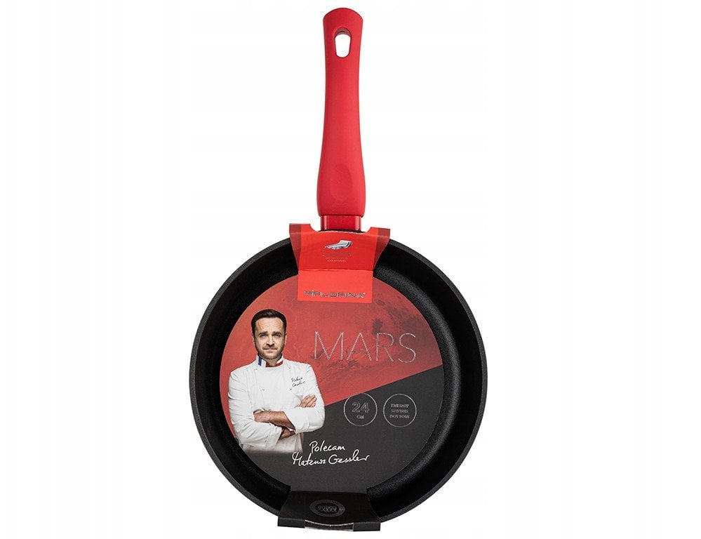 PATELNIA MARS 24 CM IND. (CZARNA, POWŁOKA NIEPRZYWIERALNA, UCHWYT CZERWONY)
