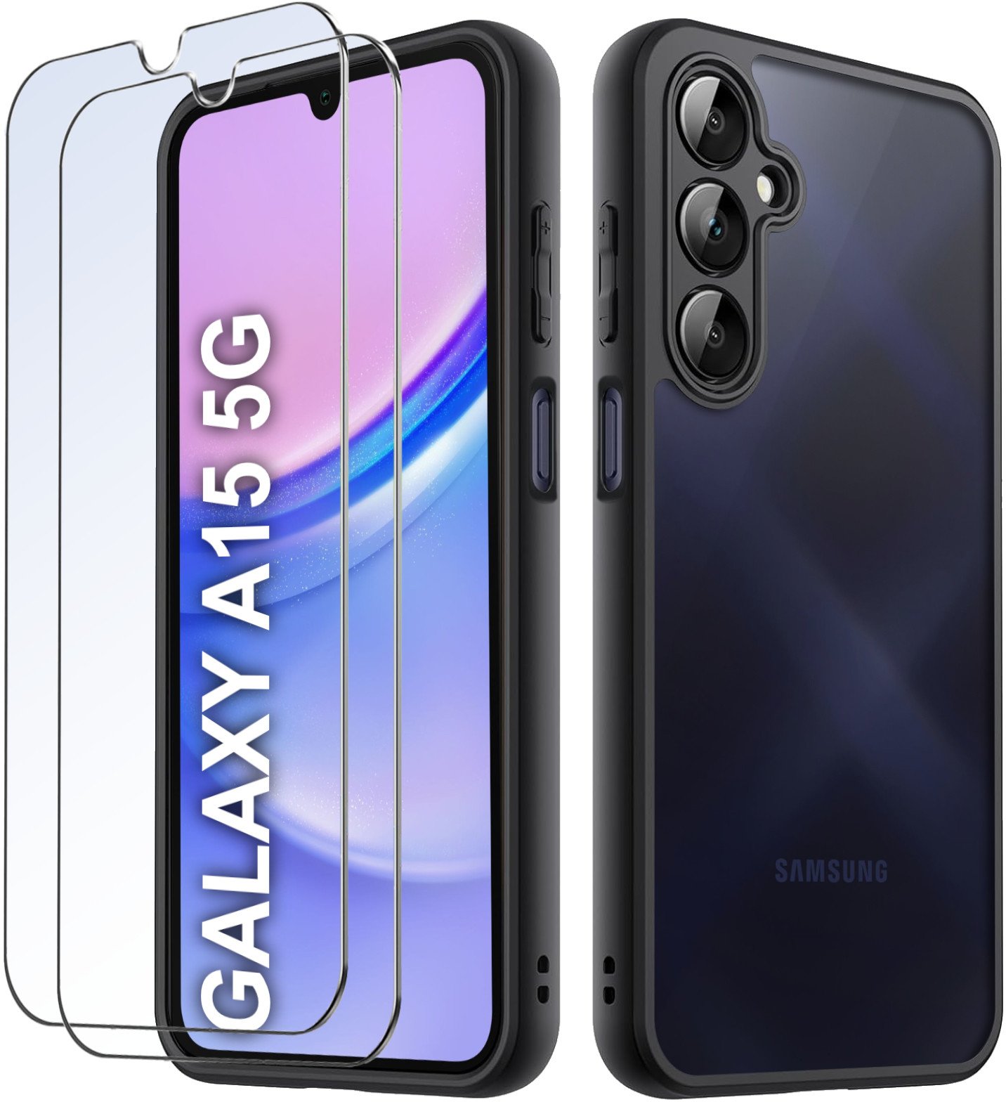 Etui do Samsung A15 4G | A15 5G MATOWE WZMACNIANE CZARNE ZESTAW 2x SZKŁO