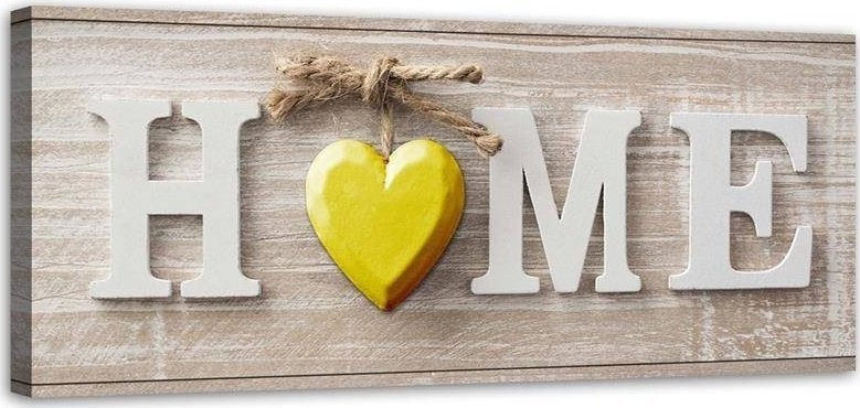 Feeby Obraz na płótnie, Napis Home z żółtym sercem na jasnym drewnie - 150x50