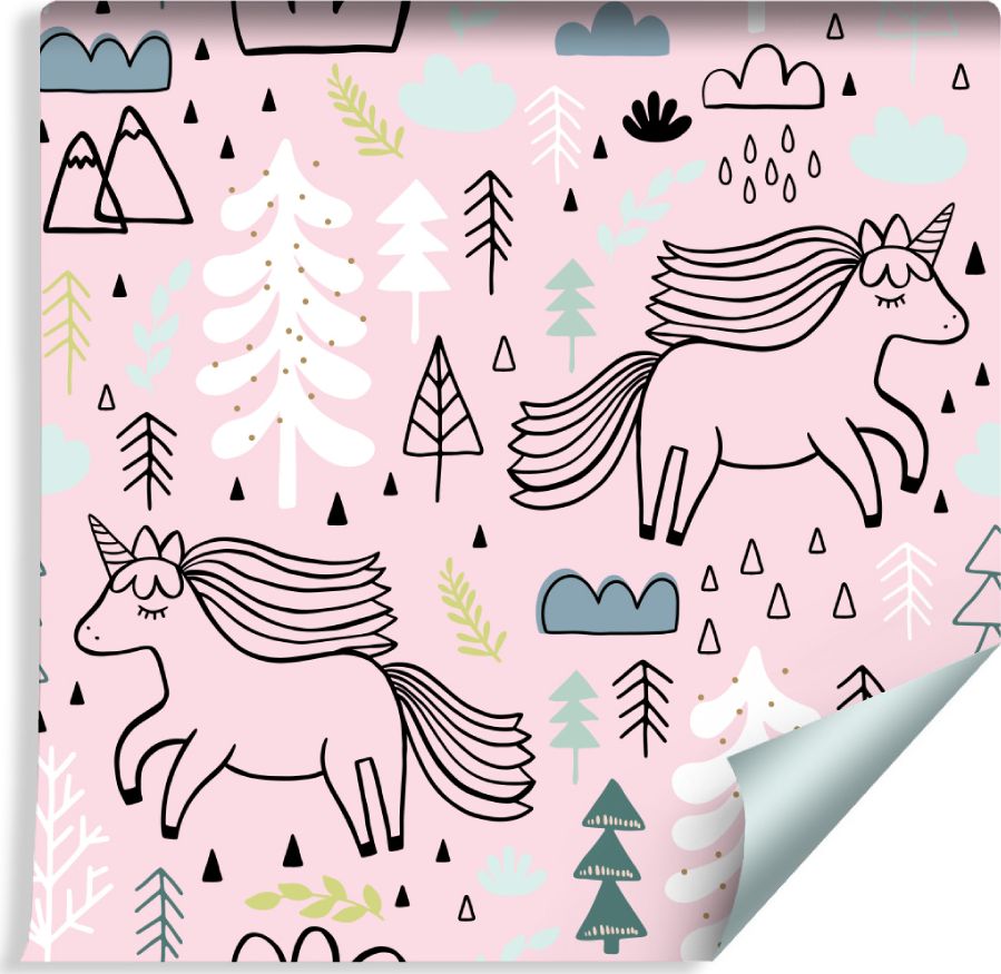 Muralo Tapeta Dla Dzieci - Jednorożce na Tle Gór, Drzew i Chmur