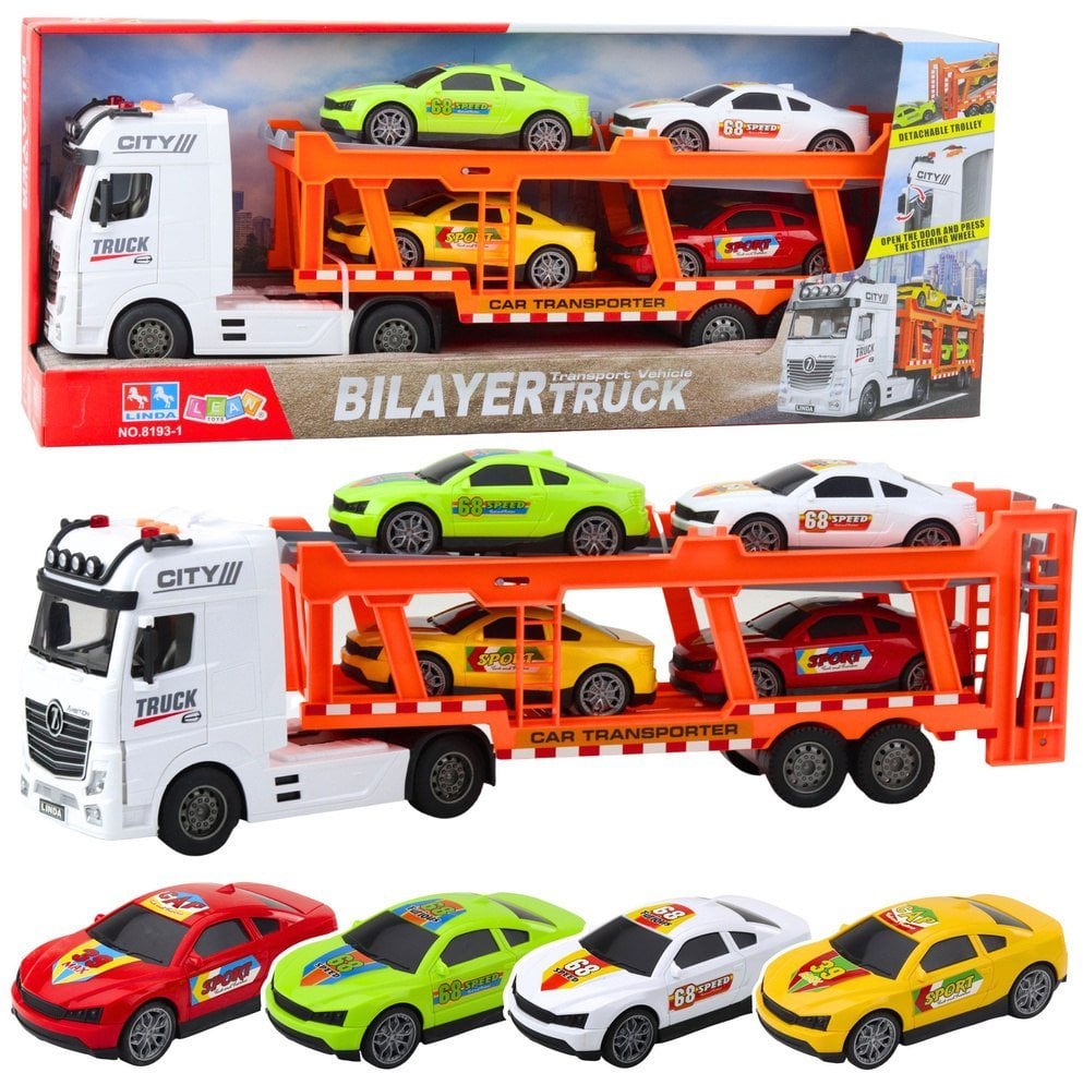 Zestaw Ciężarówka Lora Laweta 4 Autka Otwierane Drzwi Światła Dźwięki LEAN Toys