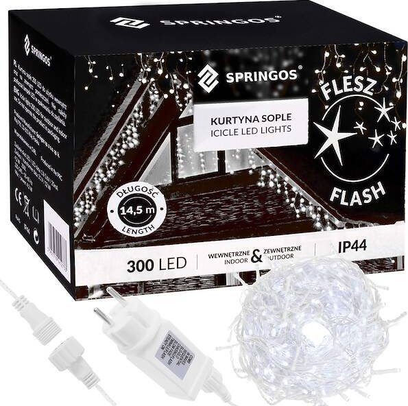 Springos Kurtyna świetlna 300 led girlanda, lampki wewnętrzno-zewnętrzne sople biały zimny + flash UNIWERSALNY