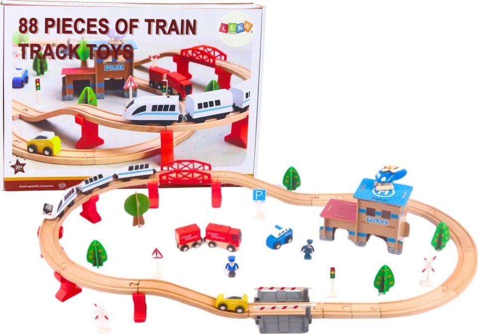 LeanToys Zestaw Pociąg Tory Kolejka Drewniana Auta Budynki 88 El