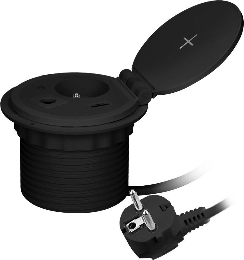 Orno Gniazdo meblowe ?8cm wpuszczane w blat z ładowarką indukcyjną, ładowarką USB z 2 gniazdami A i C, przelotką kablową z przewodem