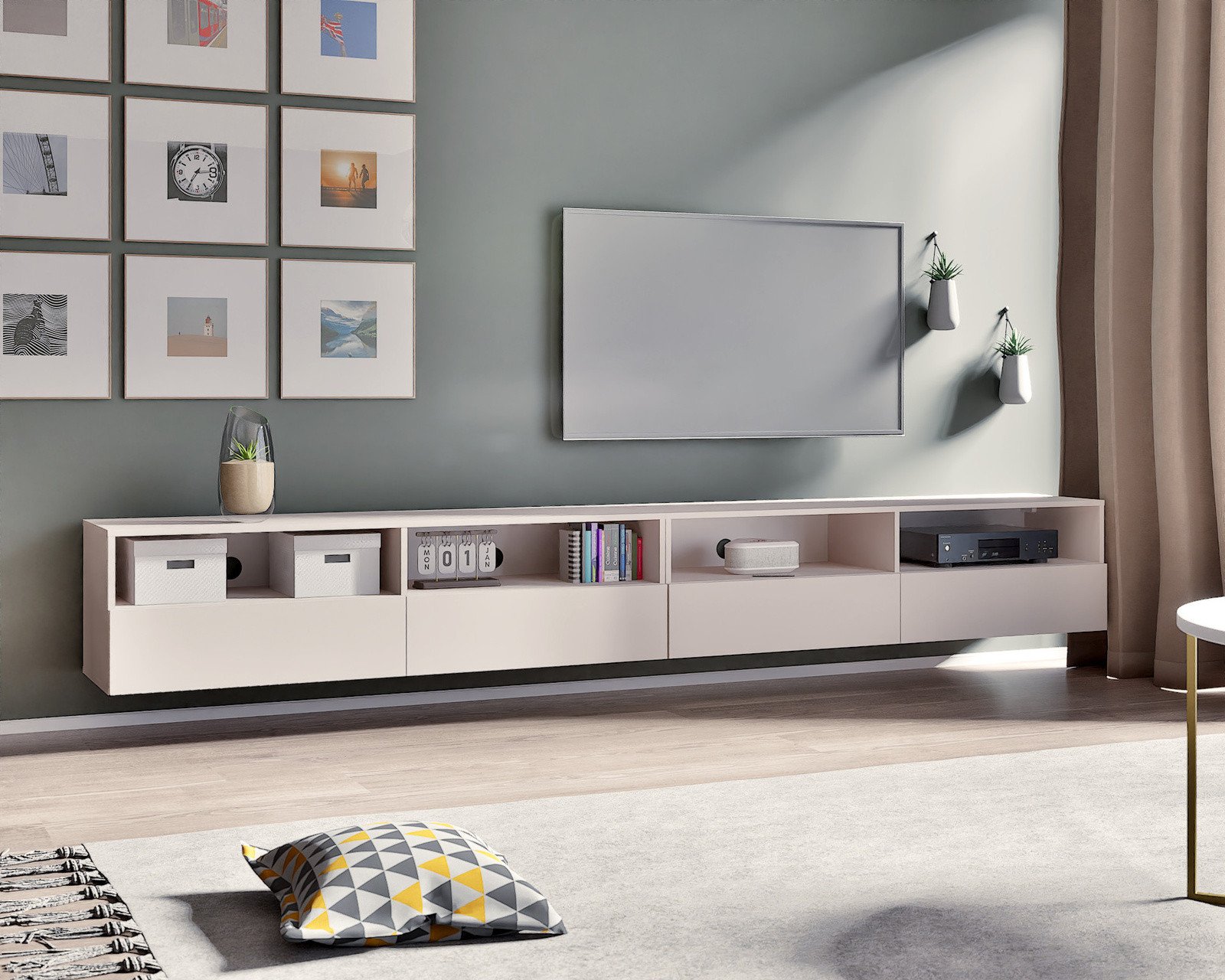 Elegancki zestaw RTV Tebris Dual 300 cashmere, 2 szafki 150 cm z otworami na kable