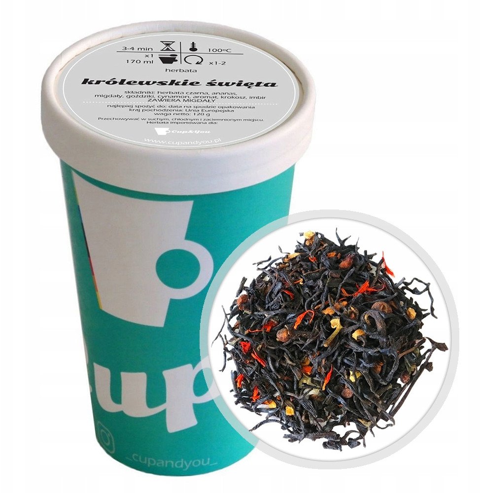 Herbata czarna KRÓLEWSKIE ŚWIĘTA imbir goździki cynamon ananas migdały 120g - herbata liściasta sypana mieszanka napar susz