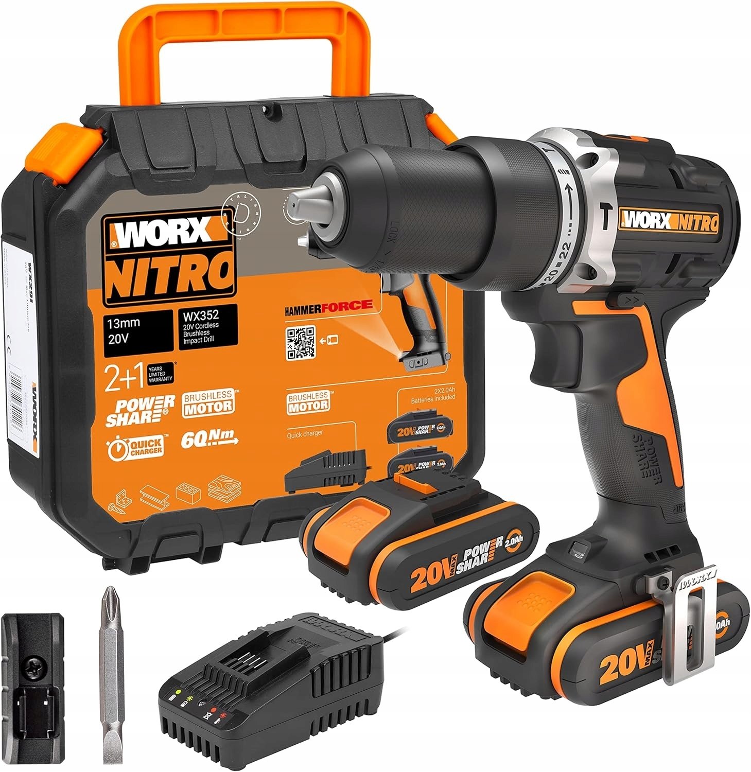ZESTAW WORX NITRO WX352 Bezprzewodowa wiertarka udarowa 20V 60Nm