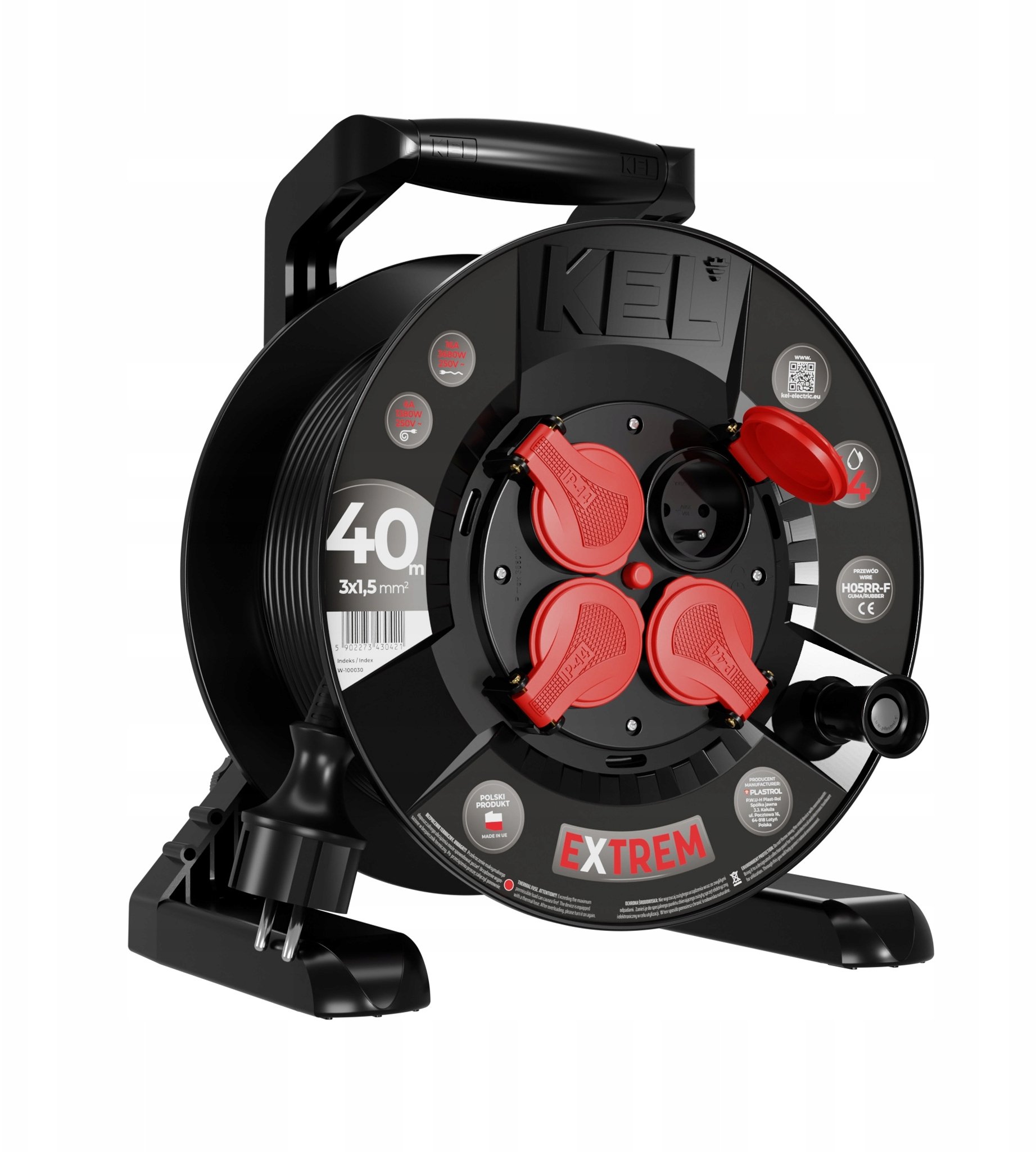 Przedłużacz bębnowy EXTREME LINE 4 gniazda z/u IP44 16A H05RR-F 3x1,5 40m czarny W-100030