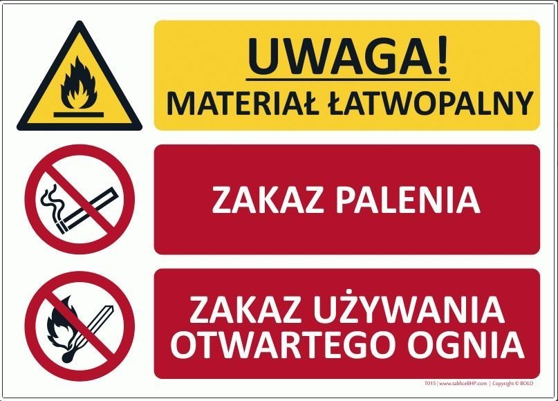 Bopl T015 - UWAGA! Materiał łatwopalny/Zakaz Palenia/Zakaz używania otwartego ognia