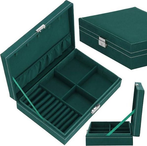 Springos Szkatułka na biżuterię 28x19,5x7 cm zielony welurowy organizer z przegródkami UNIWERSALNY