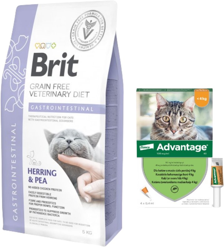 Brit gf veterinary diets cat Gastrointestinal 5kg + Advantage - dla kotów (0,4mlx4) *roztwór* blister
