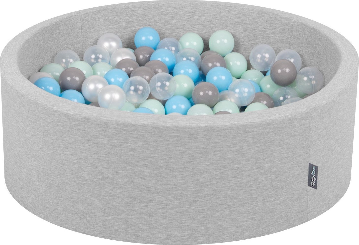 KiddyMoon KiddyMoon Suchy basen okrągły z piłeczkami 7cm jasnoszary: perła-szary-transparent-babyblue-mięta 90x30cm/300piłek Zabawka basen piankowy