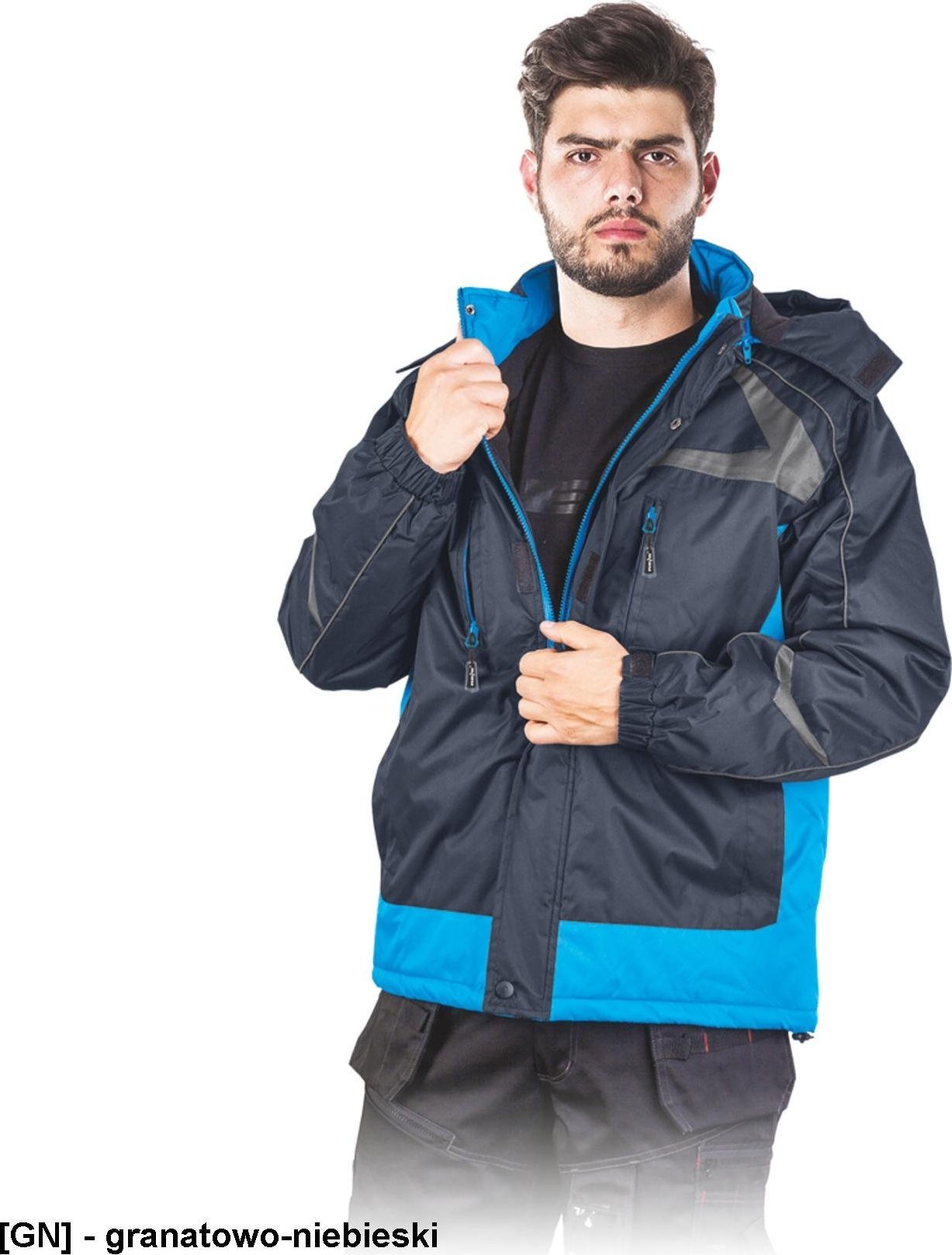 R.E.I.S. ZEALAND - kurtka ocieplana polarem, kołnierz stójka, odpinany kaptur z polarową podszewką - granatowo-niebieski 2XL