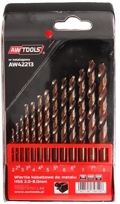 Wiertło AWTools do metalu kobaltowe walcowe 2 7 4,5 4 5,5 5 3 2,5 3,5 6 6,5 7,5 8mm zestaw (AW42213)