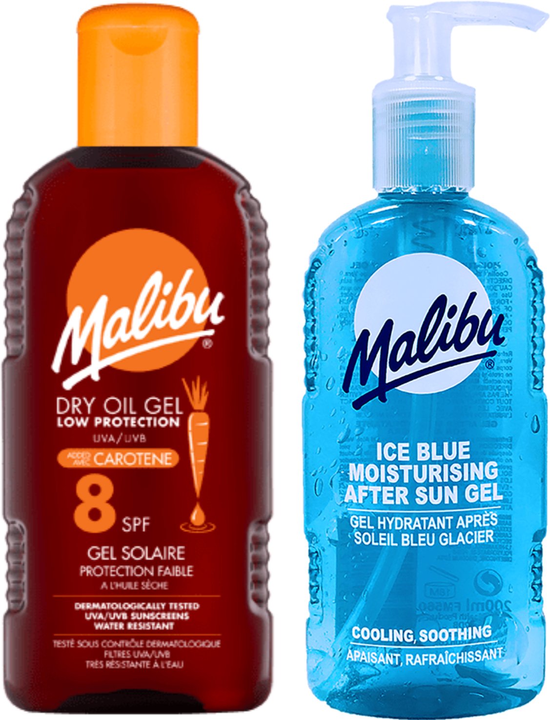 Malibu Suchy Żel Z Karotenem SPF8 200ml + Ice Blue Żel Po Opalaniu 200ml