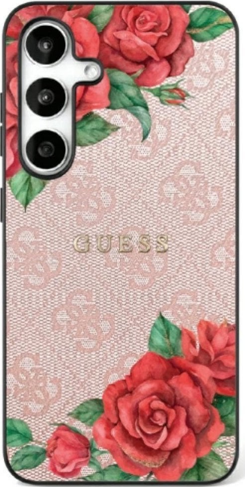 Guess Leather 4G Flowers Print Metal Classic Logo MagSafe Samsung Galaxy S25 case pink