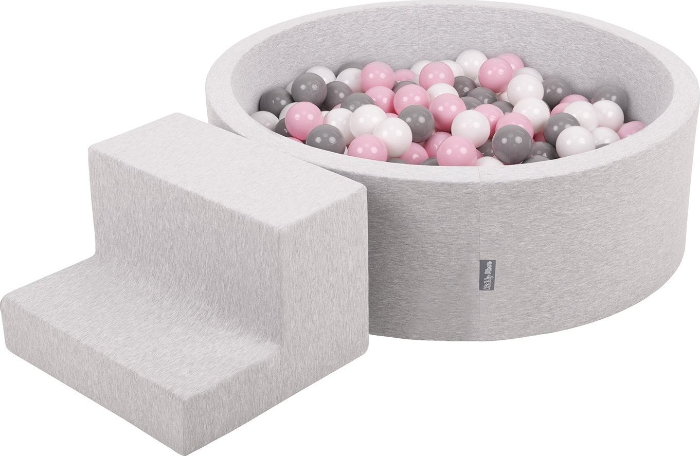 KiddyMoon Piankowy plac zabaw PPZP-OK30D-122 z piłeczkami jasnoszary: biały-szary-pudrowy róż basen 100/schodek Zabawka plac zabaw